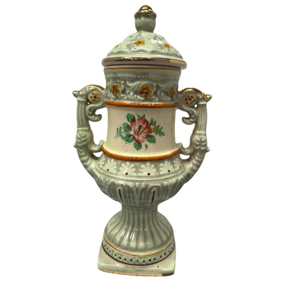 Vintage Hand Painted Japanese Urn & Lid 10" Tall Light Green with Floral Design - Picture 3 of 10